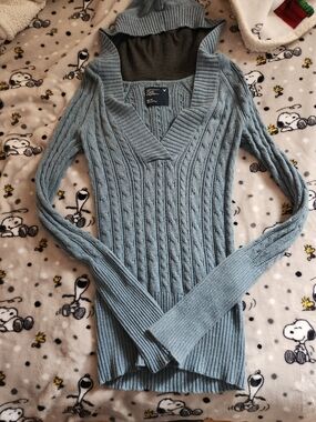 American Eagle Hooded Cable Knit V Neck Sweater